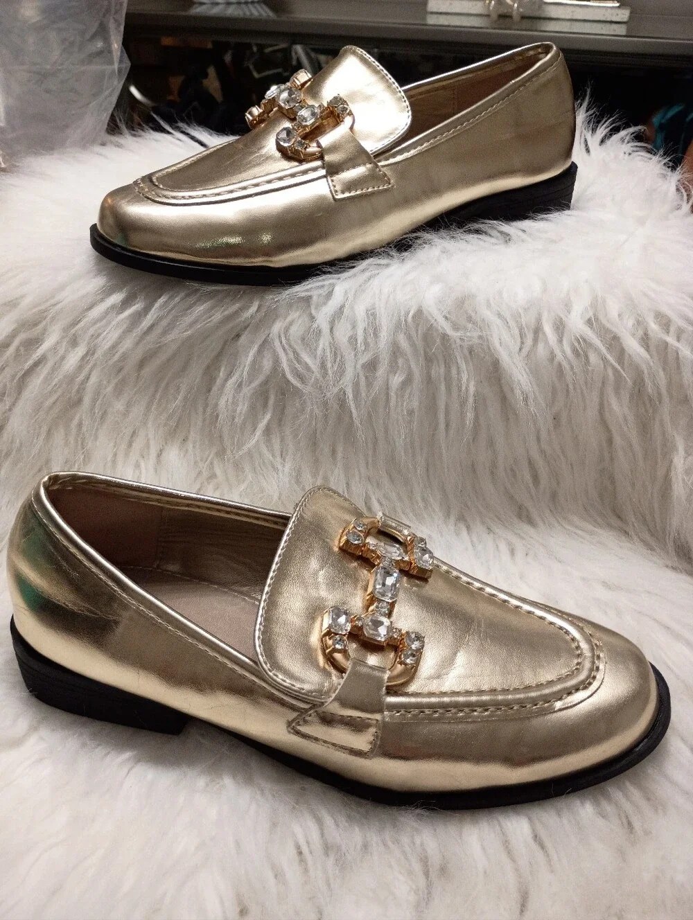 New Rag & Co Women's Metallic Gold Dendron Diamante Loafers with Crystal Accents